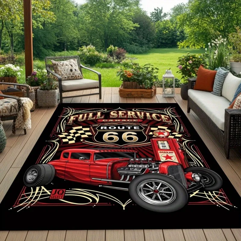 Retro Garage Carpet Route 66 Classic Car Printed Area Rug Soft Non-Slip Flannel Floor Mat Man Cave Room Decor