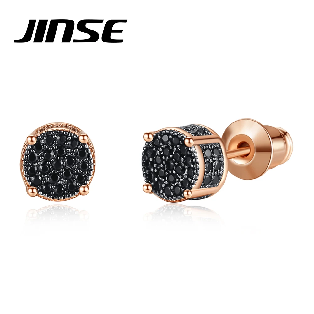 JINSE Black Classic Cubic Zirconia Stud Charm Unique Design Symbol of Life Pierced Earring for Women Men Fashion Hip Hop Jewelry