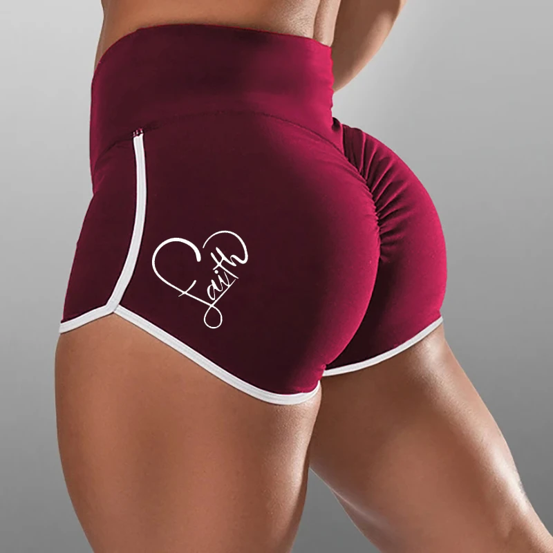 Short de Sport pour femmes, grande taille, taille haute, froncé, froissé, butin, slim, lettres imprimées, cœur, Leggings Push Up