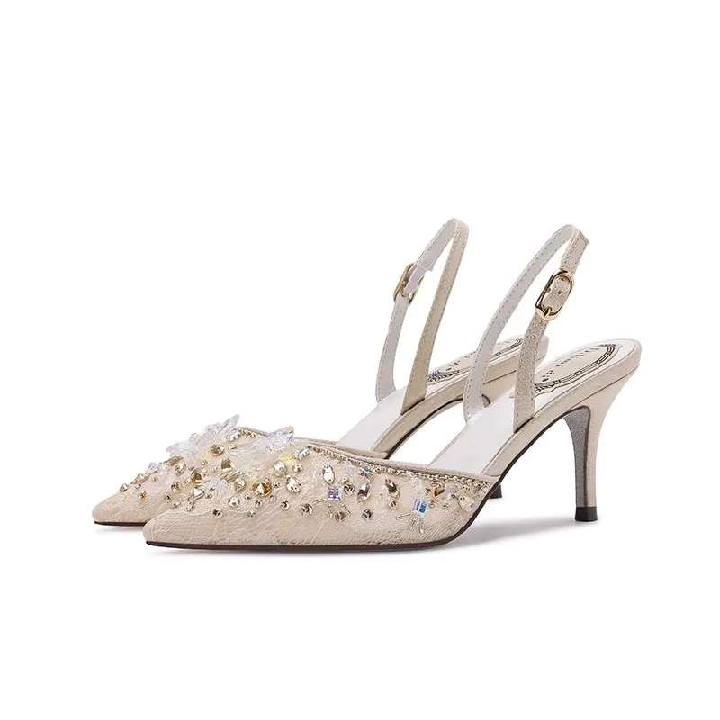 Spring and summer new pointed rhinestone beaded lace mesh shoes thin high-heeled banquet dress small size women\'s sandals
