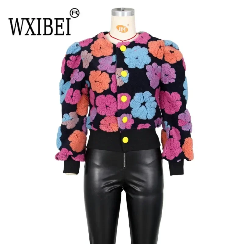 WXIBEI Cotton Rib Knit Sweater for Woman 3D Flower Single-breasted Cardigan Coat Street Temperament Casual Pull Hiver Femme