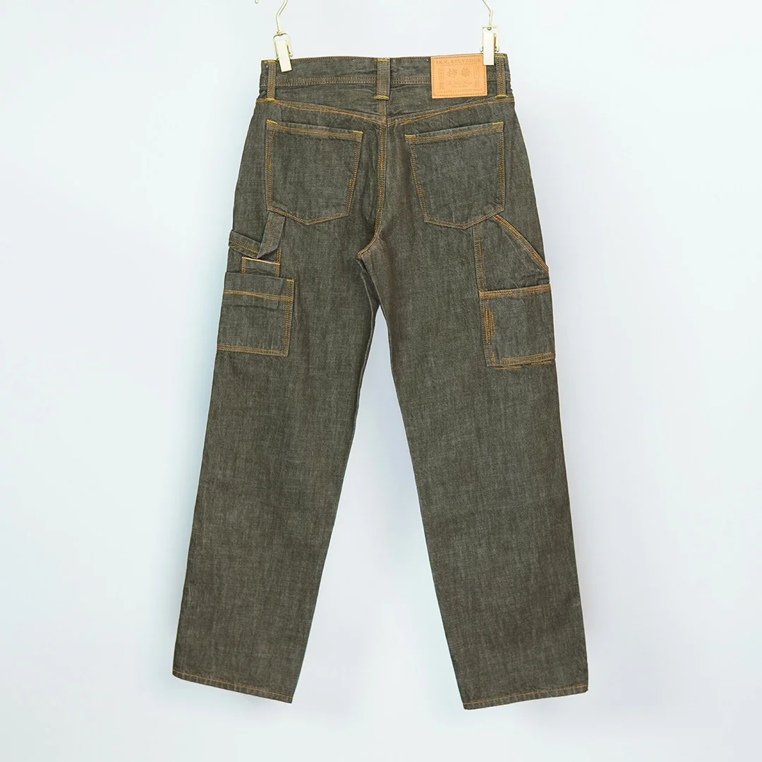 Persimmon-Dyed 13oz Selvedge Denim Workwear Jeans for Men 100% Cotton American Retro Regular Straight Long Pants in Olive Green