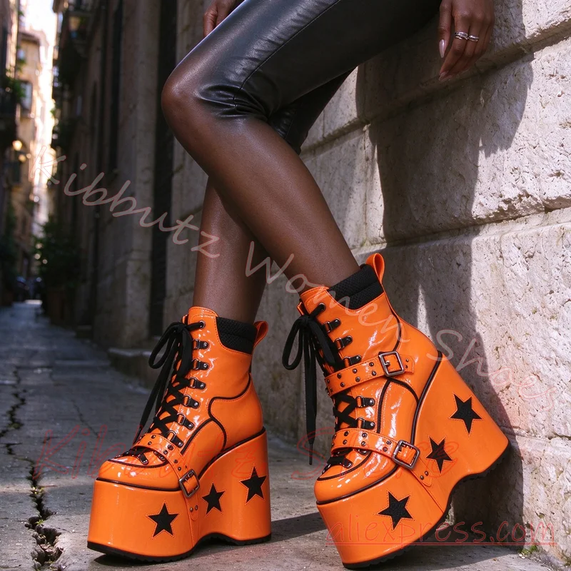 Wedge Platform Ankle Boots Women Lace Up Star Print Buckle Strap Patent Leather Punk Goth Rave Stage Shoes Mixed Color Fashion