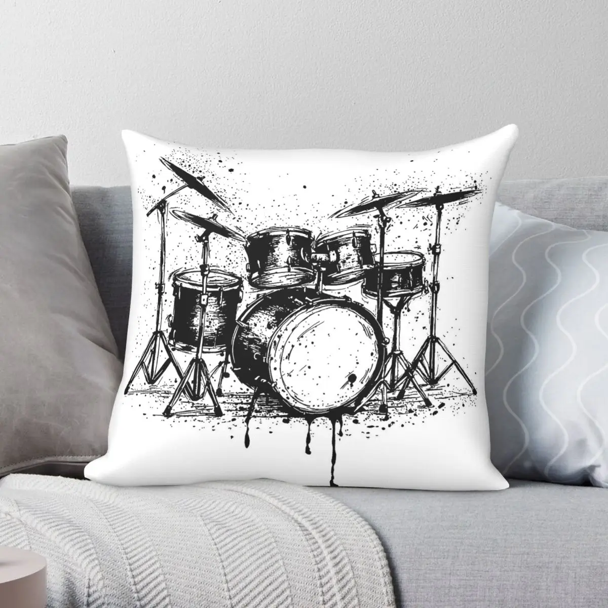 Drum Kit Instrument Pillowcase Polyester Linen Velvet Pattern Zip Decor Throw Pillow Case Room Cushion Cover 45x45