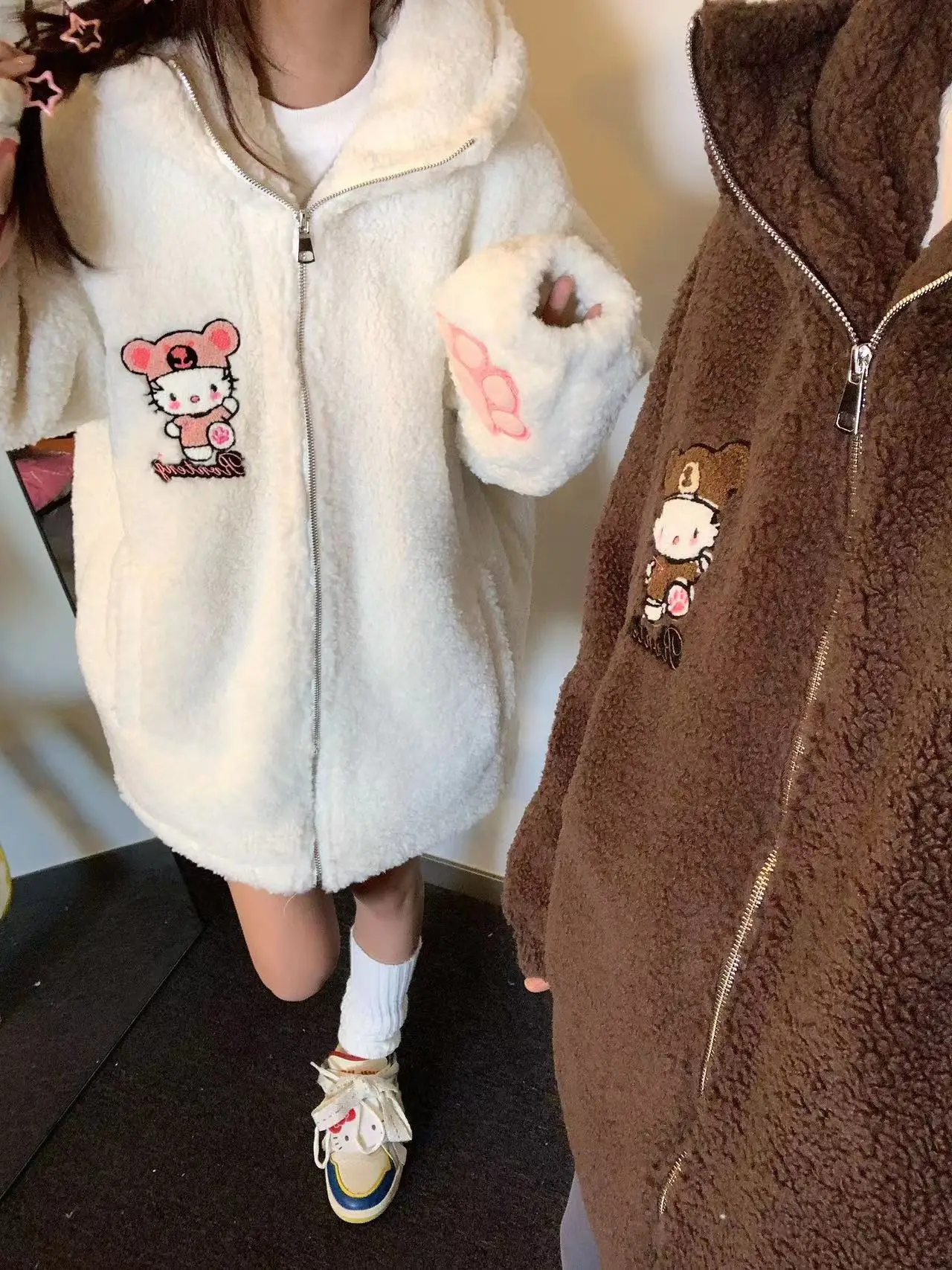 Hello Kitty Plush Hooded Cotton Jacket for Women Winter Girl Sweet Cute Cartoon Faux Fur Coat Student Loose Cardigan Jackets