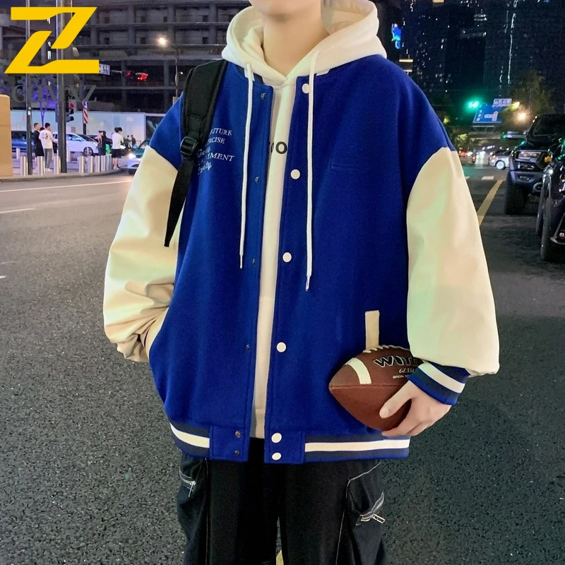 COMXZ Autumn Mens Jacket Trendy High Street Baseball Jacket Loose Fit Versatile Coat Minimalist Embroidery Casual Outerwear​