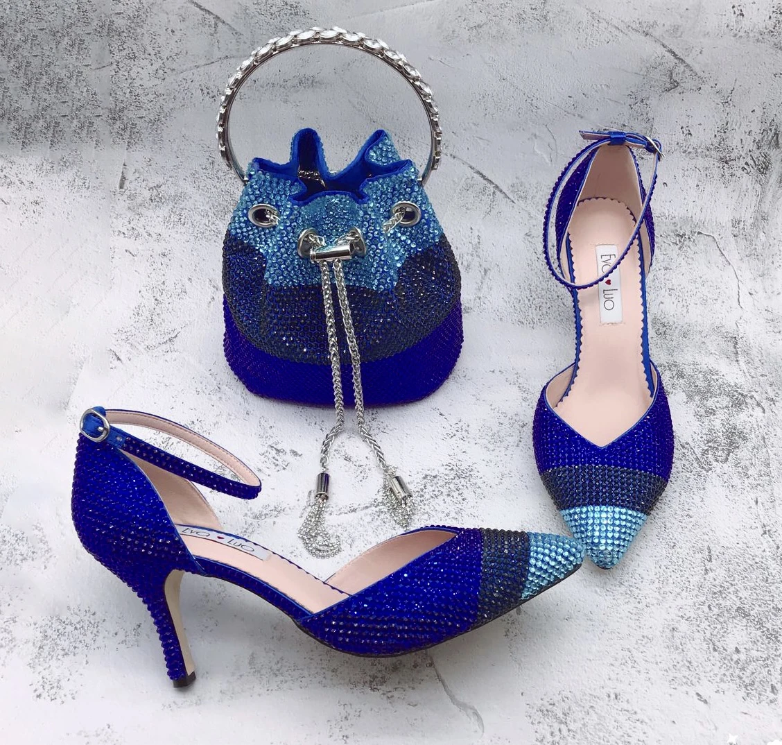 BS1736 Luxury Shinning Custom Handmade Royal Blue Rhinestone African Women Nigerian Italian Shoes And Bag Matching set