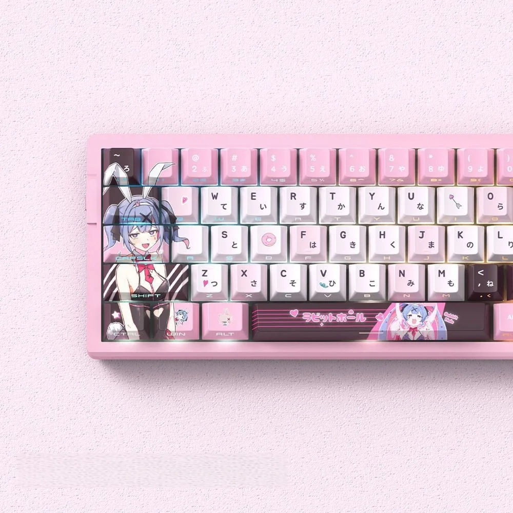 

Розовые аниме-кейкапы с мультяшным дизайном, PBT, профиль Cherry, с подсветкой, 5-сторонняя сублимационная печать, для клавиатур с переключателями Cherry MX, 60/68/71/108 клавиш
