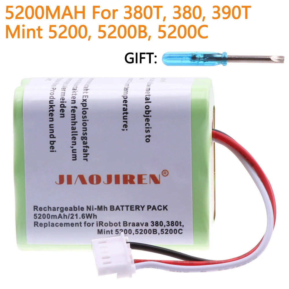 Batteria NI-MH da 7,2 V 5200 mAh per iRobot Braava 380T 380 390T Mint 5200 5200B 5200C Batteria NI-MH aggiornata da 3000 MAH