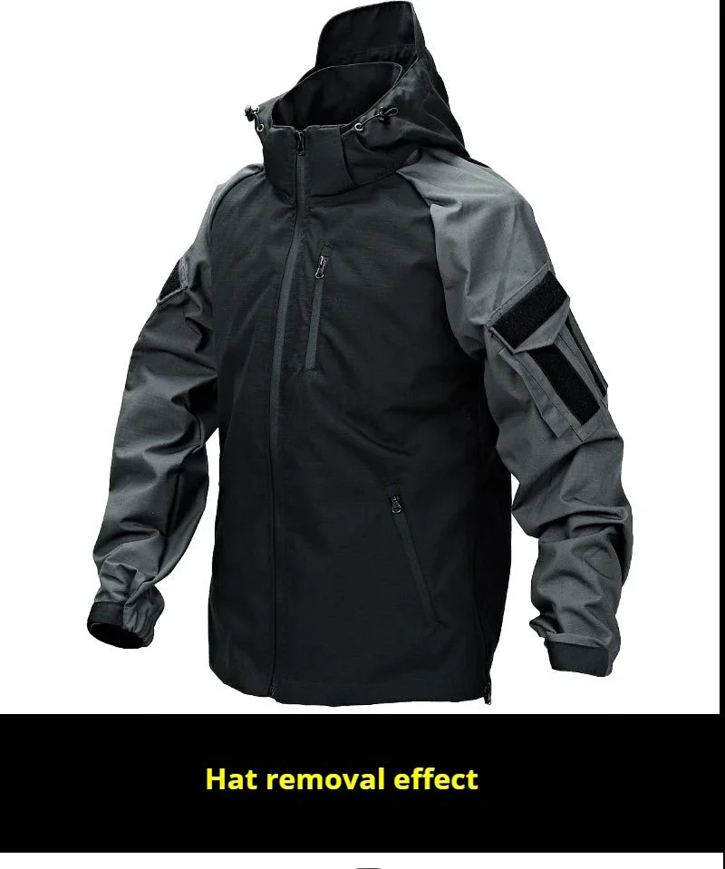 Patchwork Softshell Taktische Jacken für Herren Herbst Winter Wasserdichte Warme Kapuzenjacke Herren Outdoor Jagd Winddichte Mäntel – Detail 4