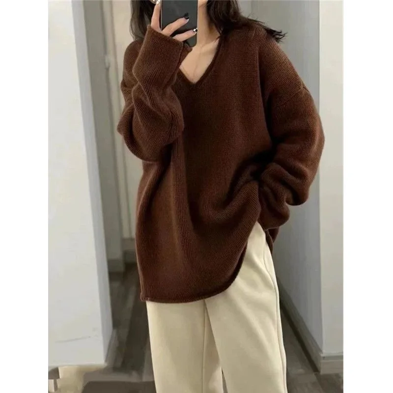 Autumn/Winter 2024 new luxury cashmere sweater women's pink V-neck drop shoulder loose pure wool sweater