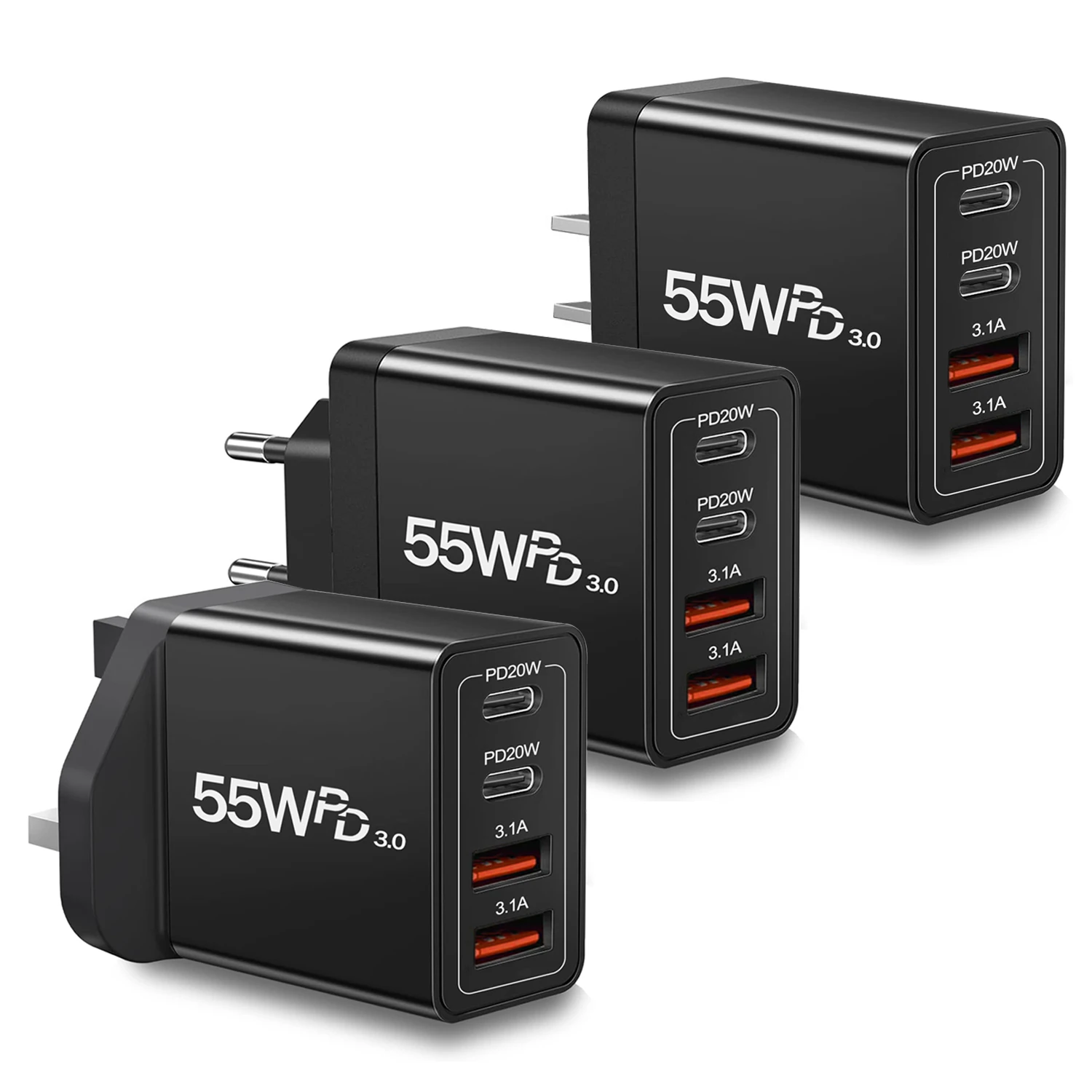 EU/UK/US Wall Plug Multi-Port USB-C/USB-A Phone Charger Bloc
