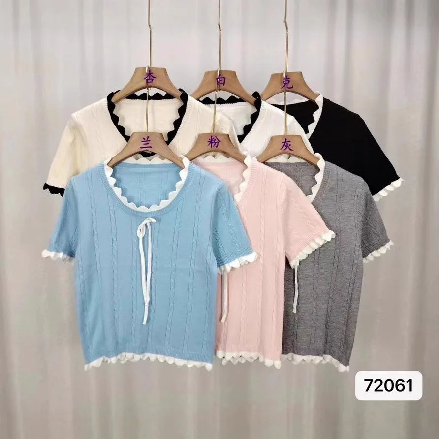 Women Short Sleeve with Lace Up Contrast Trim Women Clothing Bow Tie T-shirt with Doll Neck Ice Silk Knit Sweater Elegant Wh1