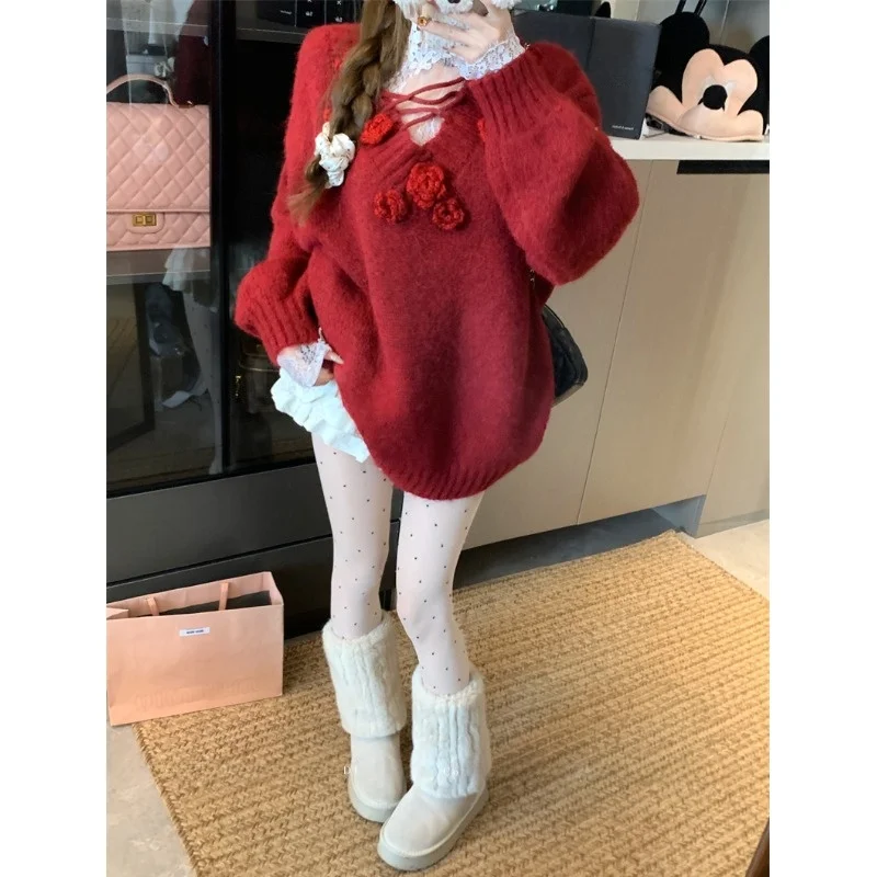 Damen Winter Long Sve Strickwaren V-Ne Loose Fit Schlankmachendes Lazy 3D Flower Design Mahua Imitation Sweater Belted Trendy Top