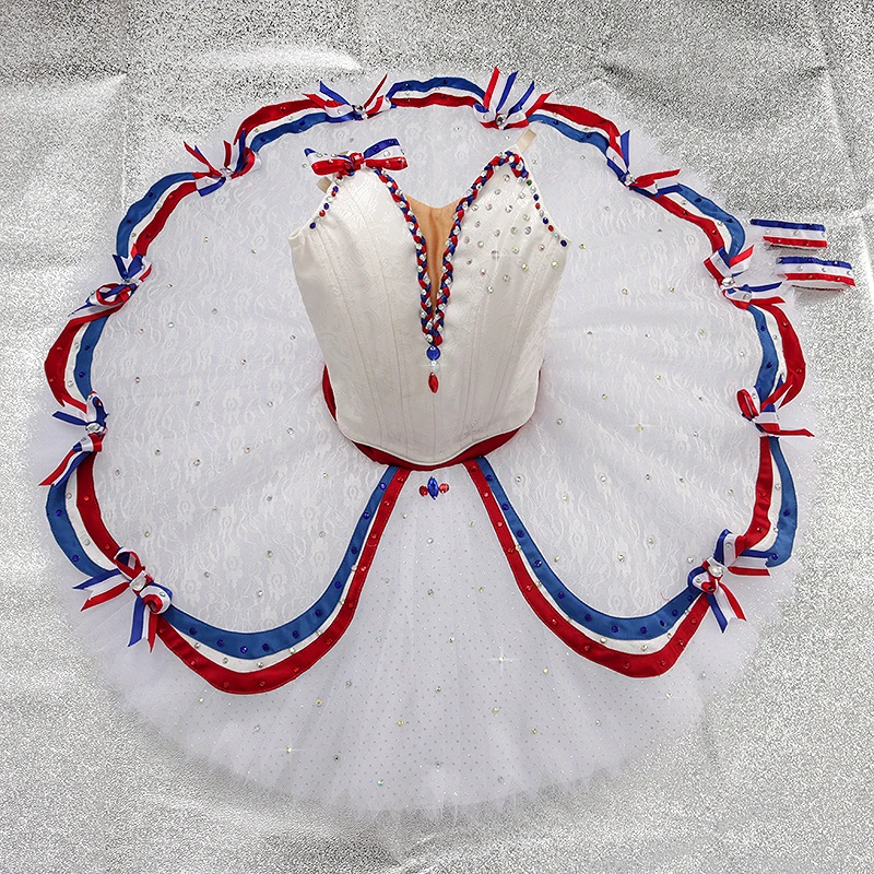 Girl The Flames of Paris ballet tutu competition professional costumes classical white blue red pancake tutu 11 layers JN0468