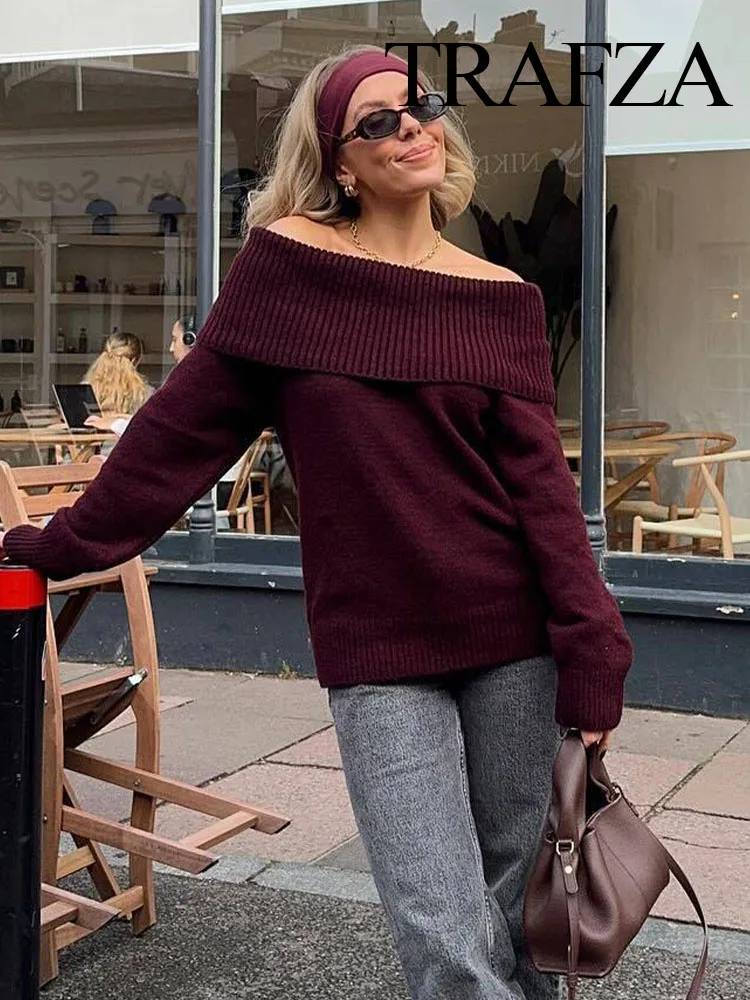 TRAFZA Women's 2025 Spring New One Shoulder Sweater Long Sleeve Knitted Sweater Female Elegant Simple Slim Pullover Sweater Top