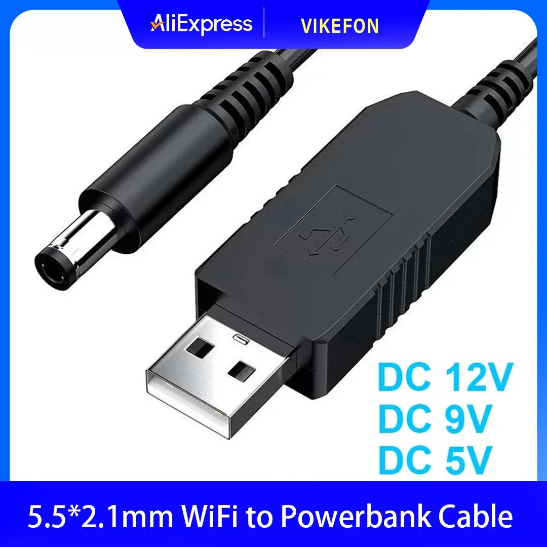 5.5*2.1mm WiFi to Powerbank Cable Connector DC 5V to 12V USB Cable Boost Converter Step-up Cord for Wifi Router Modem Fan