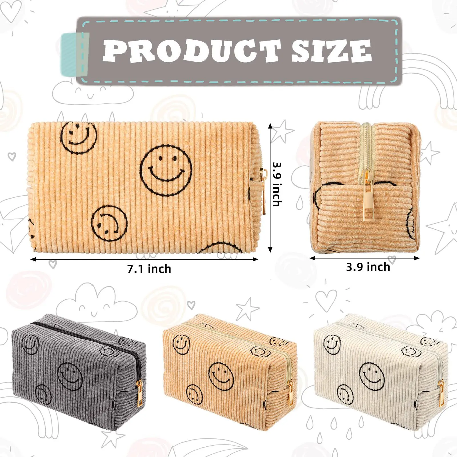 1PC Smiling Face Corduroy Makeup Bag with Large Capacity Storage, Wash Bag, College Style Travel Storage, Smiling Bag