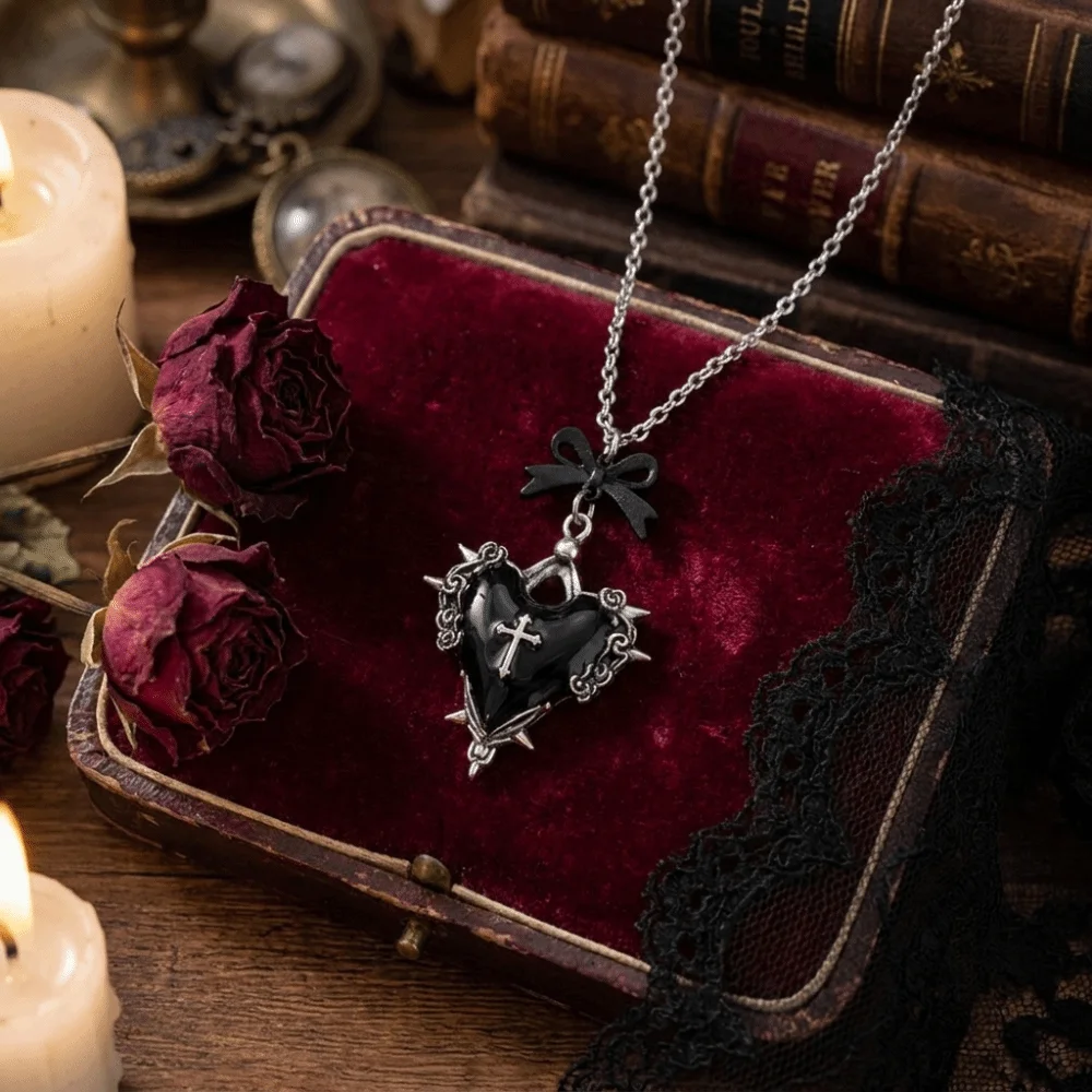Punk Vintage Gothic Cross Necklace Black Bow Heart Pendant Clavicle Chain Chic Zinc Alloy Halloween Thorn Choker Weddings