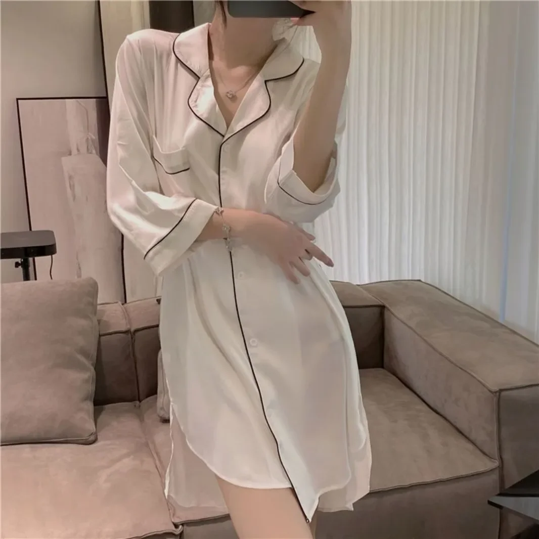 Women Ice Silk Summer Pajamas Shirt Nightgown Silk Homewear Spring and Autumn Dress Thin Section， night gown