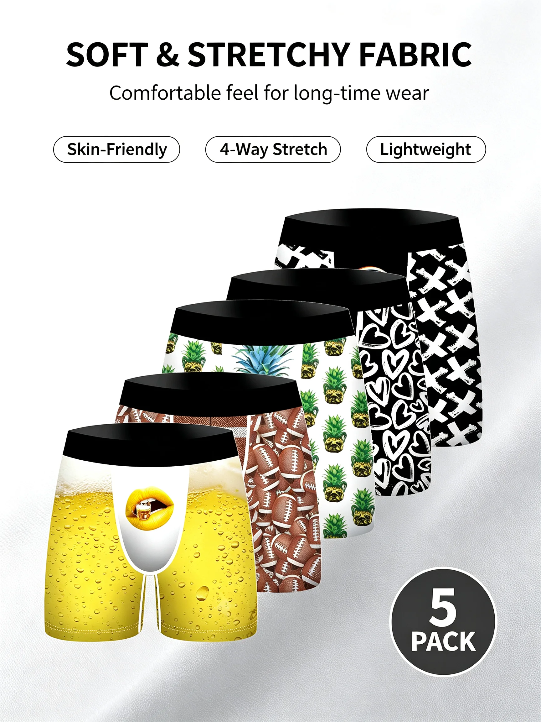 Men's 5 Pack Novelty Boxer Briefs Funny Beer Pineapple Football Heart Print Soft Stretchy Breathable Underwear Gift For Men