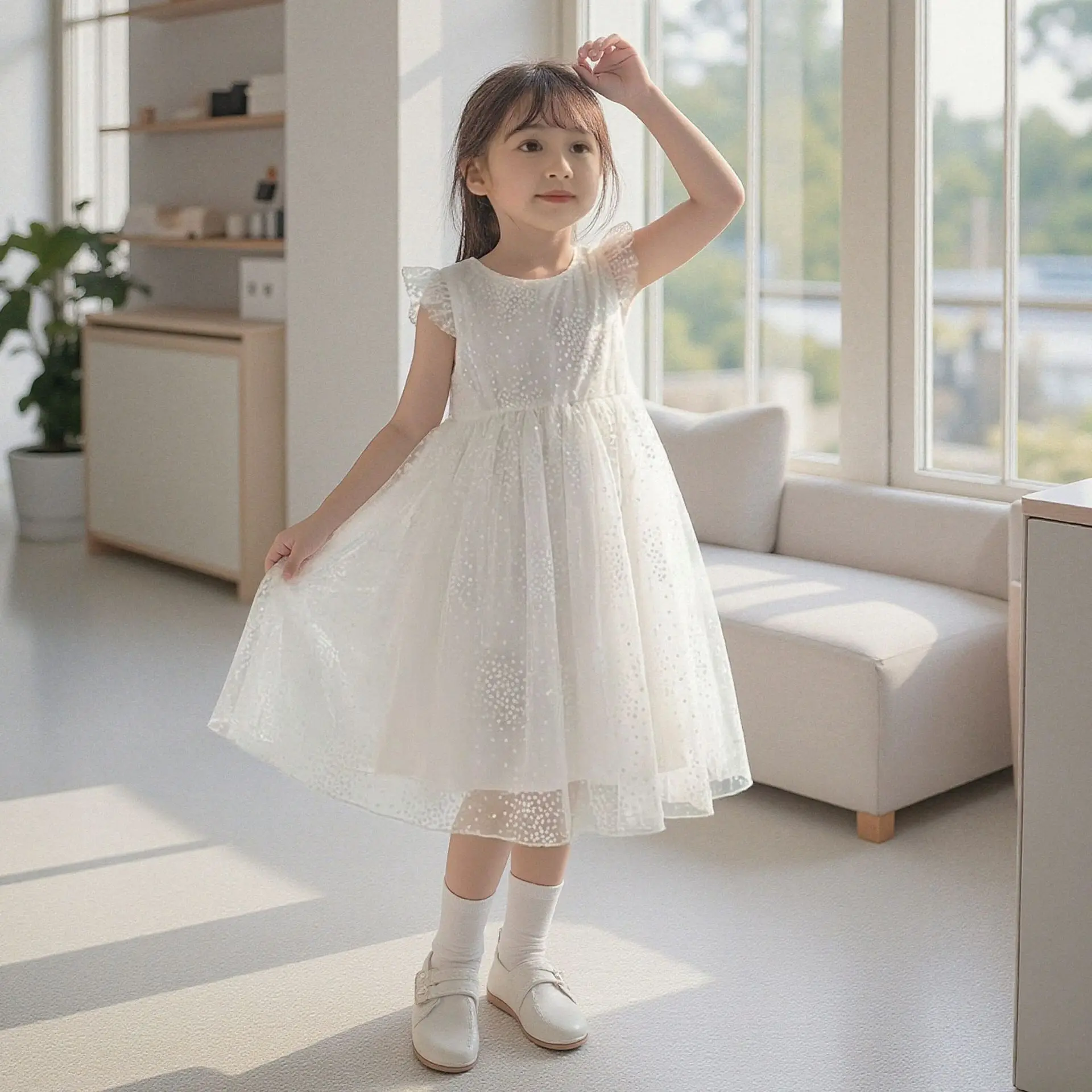 2026 Summer Fashion Little Girls Butterfly Wing Decor Fluffy Mesh Princess Dress Cute Elegant Toddler Baby Girls Daily Wear