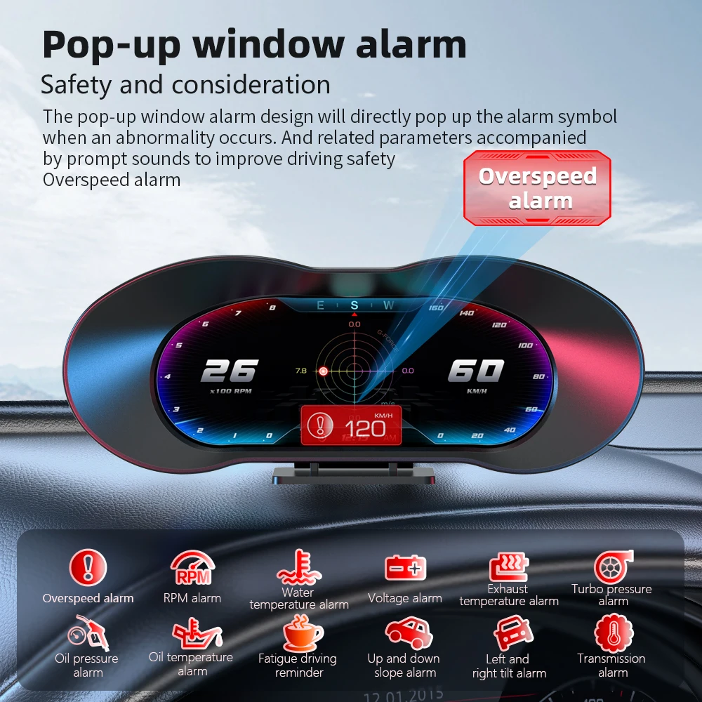 P5 Car Head Up Display OBD GPS Auto Speedometer Slope Meter On-board Computer Accelerometer Water Temp Voltage LCD Instrument