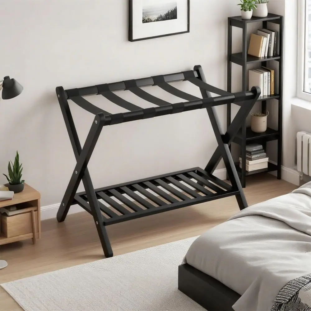 

Folding Luggage Rack with Shoe Shelf for Hotel and Home, 5-Strap Black Suitcase Stand