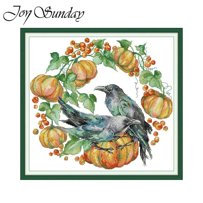 

Joy Sunday Cross Stitch Bluebird Pumpkin Wreath HD Pattern Counted Stamped Fabric Aida Cloth 16/14CT Printed Fabric Embroidery