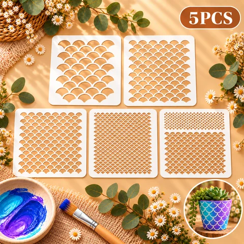 5PCS Fish Scale Stencils Reusable Mermaid Pattern Painting Templates for Wall Wood Furniture Fabric Canvas DIY Crafts Home Decor