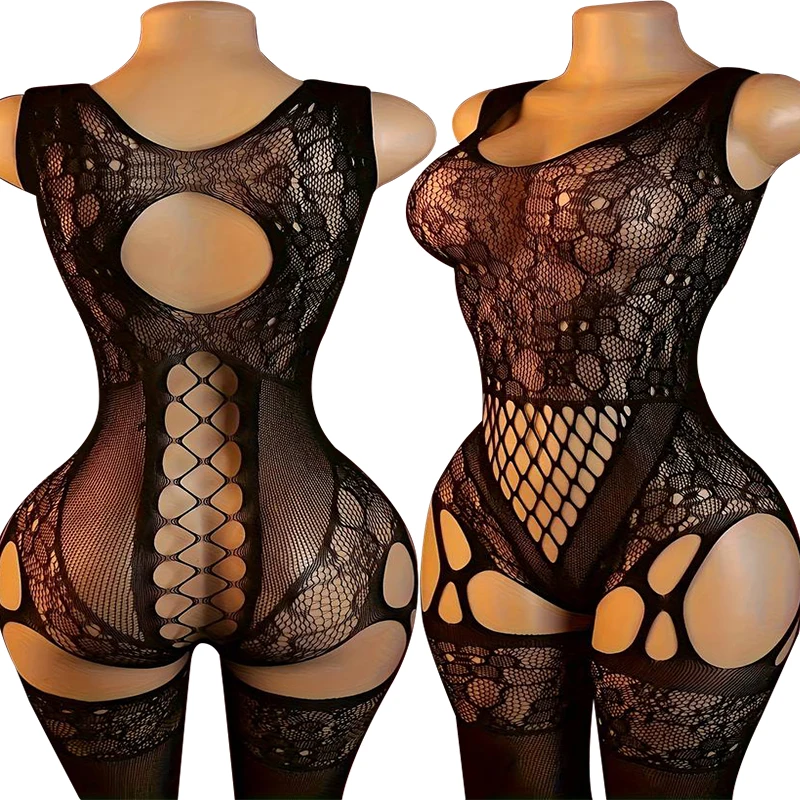 Large Wide Shoulder Strap Teddy Body Suits Erotic Lingerie Women Sexy Open Back Mesh Hollow Bodystocking Exposed Chest Bodysuits