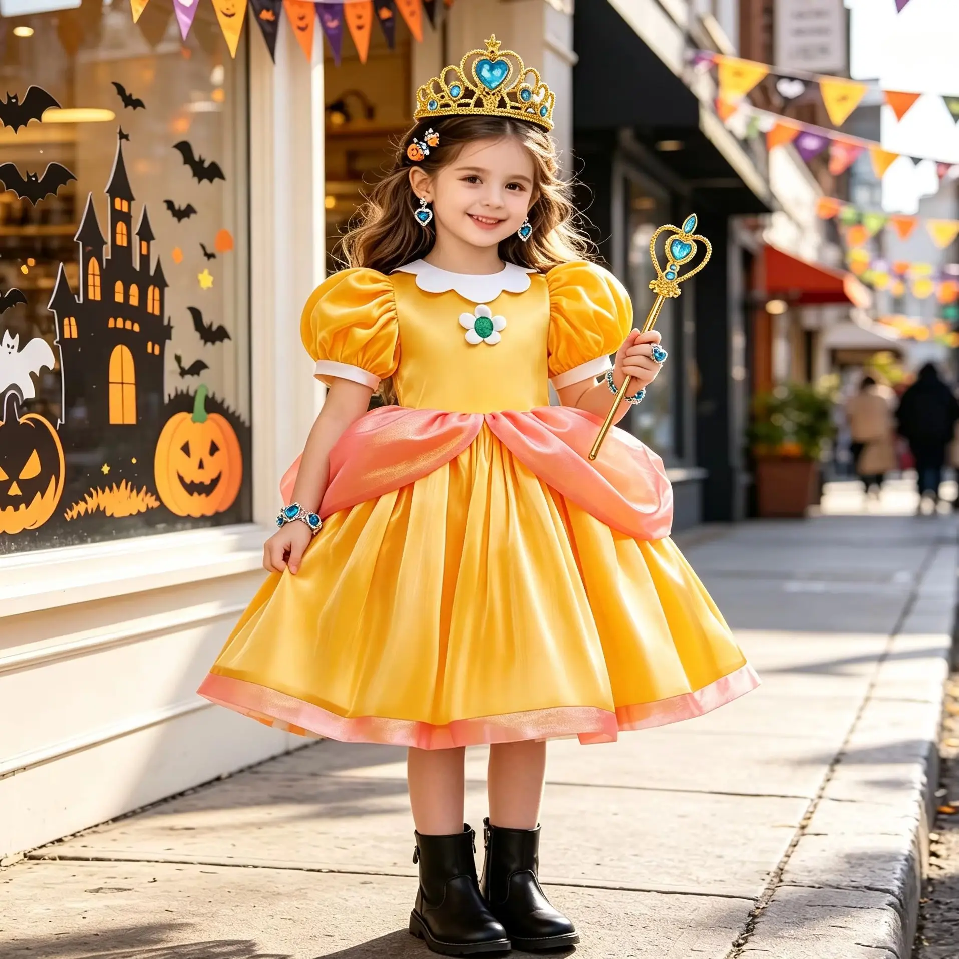 Girls Short Sleeve Party Dresses Princess Daisy Costume Anime Peach Yellow Dress For Kids Halloween Carnival Birthday Outfits