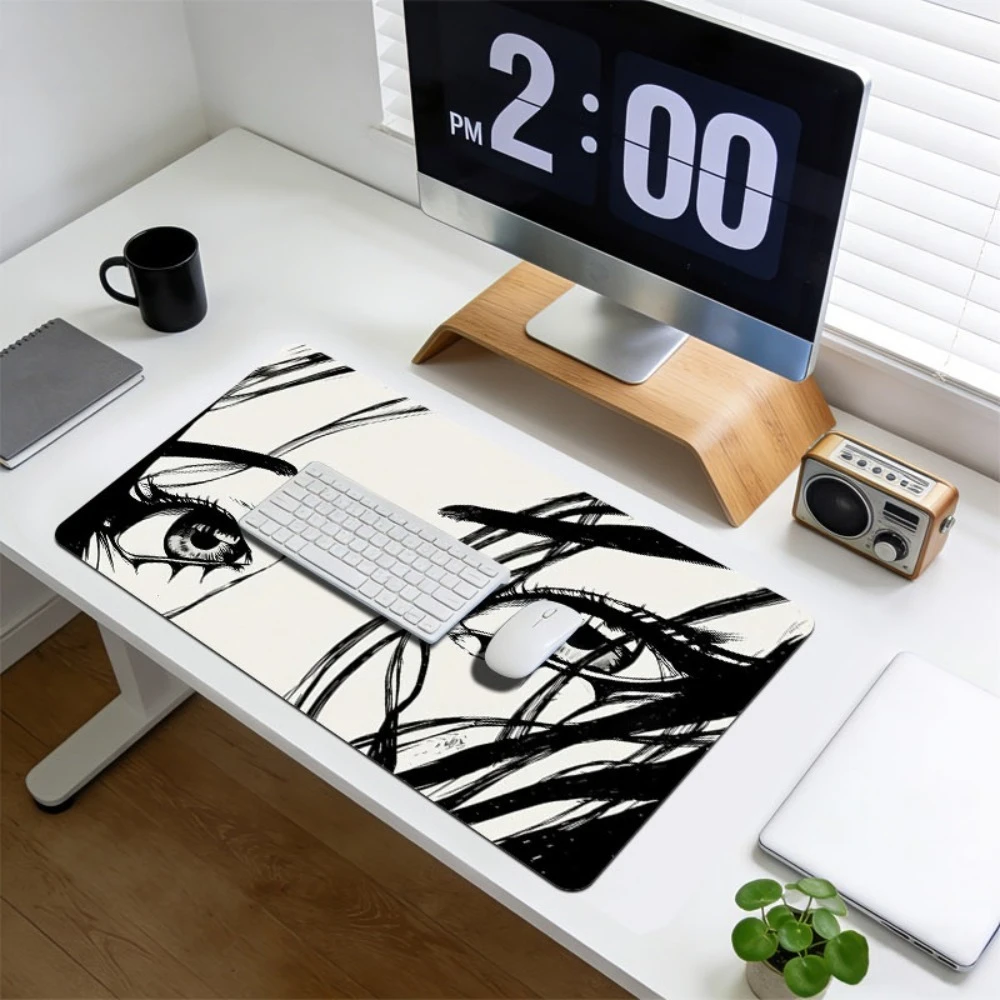 Tapis de souris de bureau motif œil en encre noir et blanc, grand tapis de bureau tendance, organiseurs et plateaux de bureau