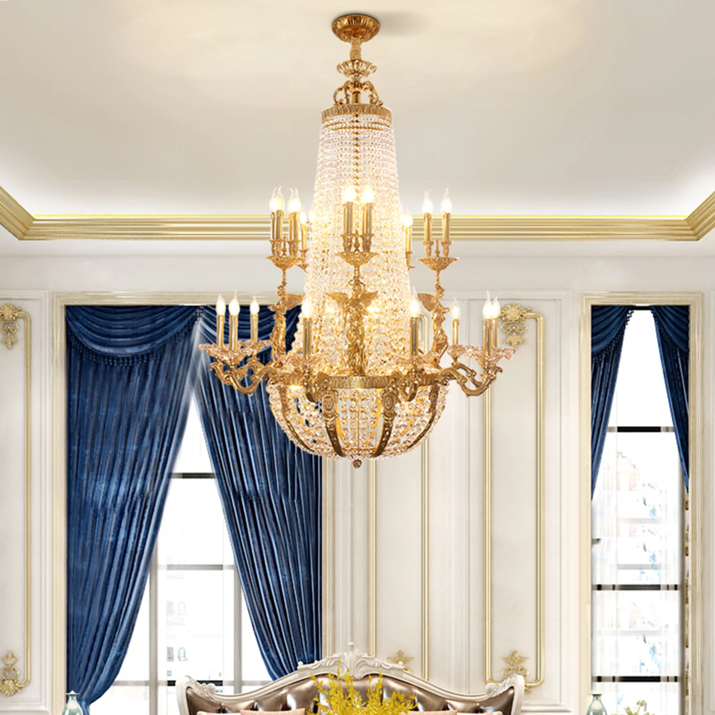 French Royal Design Luxury Villa Banquet Hall Decorative Crystal Chandelier Duplex Living Room Hotel Copper Big Pendant Lamp