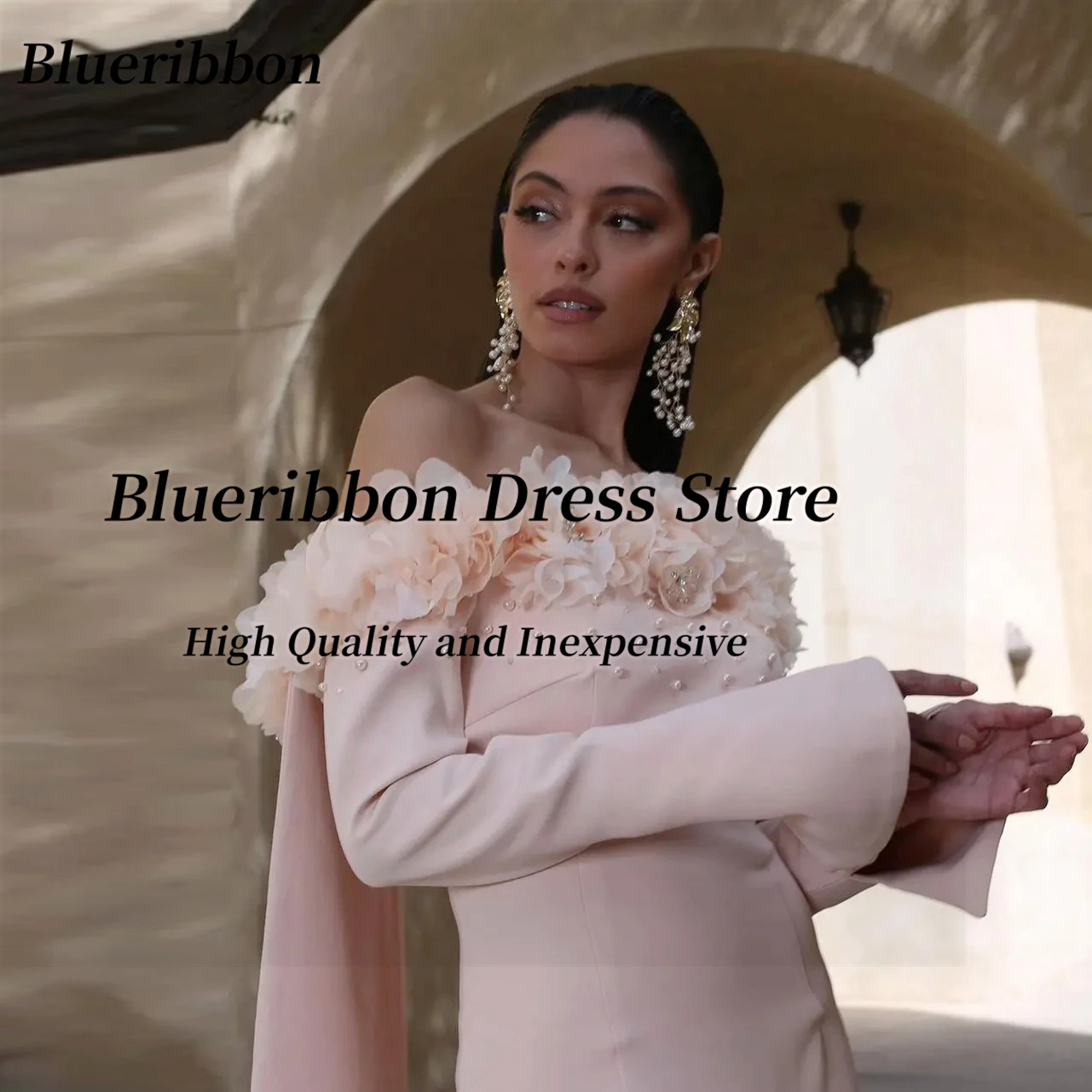 Blueribbon Elegant Boat Neck Evening Dresses Customized Bead Flowers Shawls Prom Dress Saudi Party Long Sleeves Vestidos De Noch