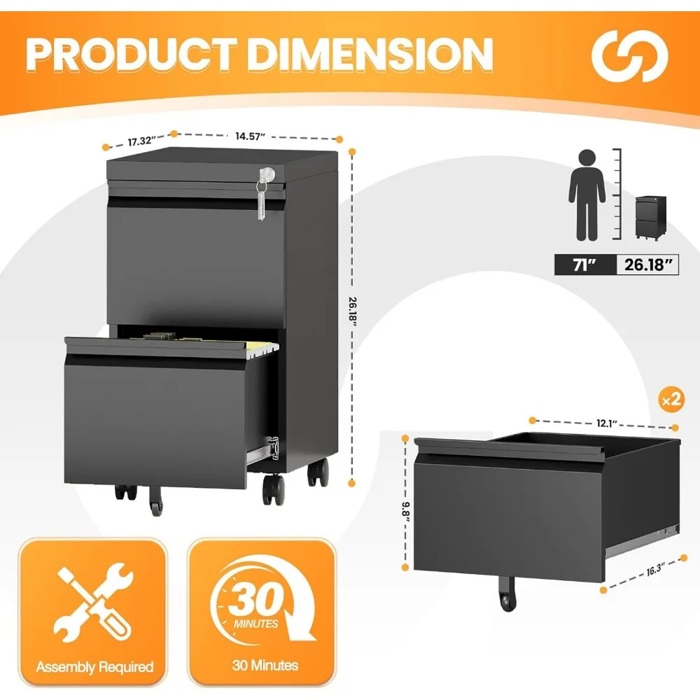 Secure Rolling Metal File Cabinet for Home Office, 2-Drawer Storage with Lock, Compact Under Desk Filing System