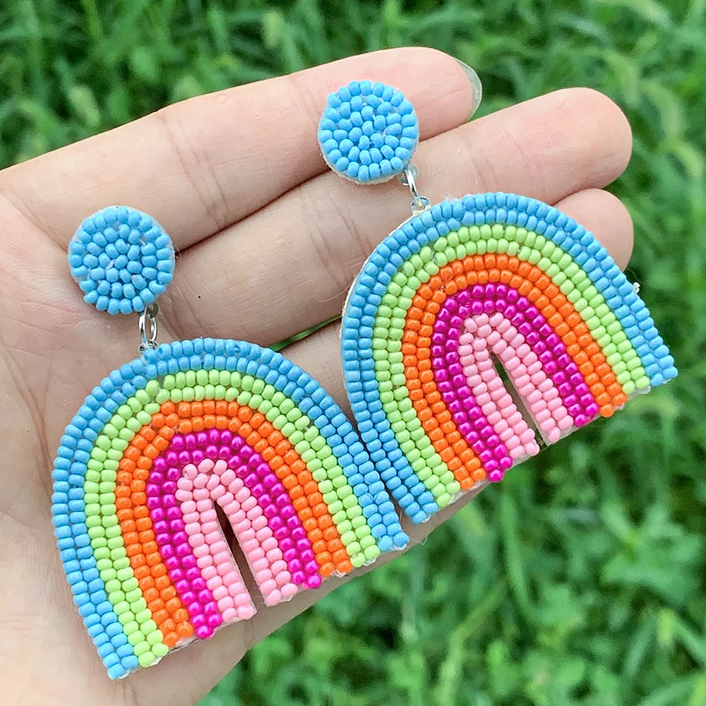 Rainbow Earrings Beaded Colorful Rainbow Arch Statement Earrings Handmade Bohemia Earrings For Women Girls Jewelry