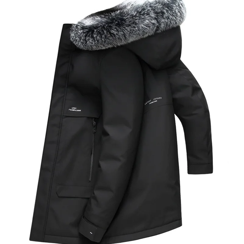 Doudoune Mi-Longue en Duvet d'Oie Blanche pour Homme, Manteau Chaud et Épais à Capuche avec Col en Fourrure de Renard, Collection Hiver 90%, 2023