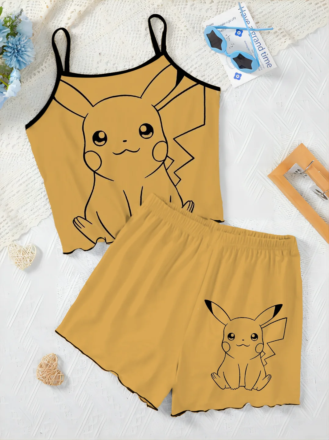 Pajama Skirt Top Slip Dress Elegant Women's Sets Pokémon Lettuce Trim T-shirt Pikachu Pieces Short Suit Home Dress Top Matching