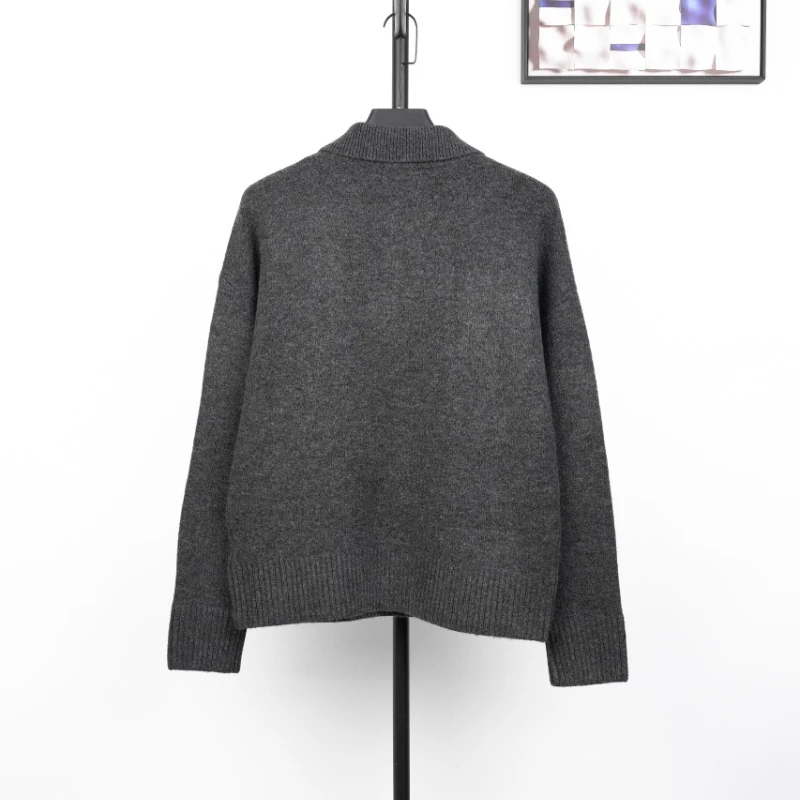 AP Big White Heart Knitted Sweater Grey Wool Polo Collar Pullover Men Women Loose Thick Casual Jumpers Winter Streetwear