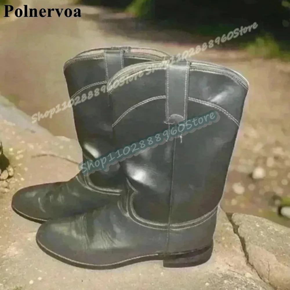 

Occidental Style Mid Calf Black Leather Men Boots Flats Dress Shoes For Men Slip On Formal Fashionable Catwalk 2026 Men Boots