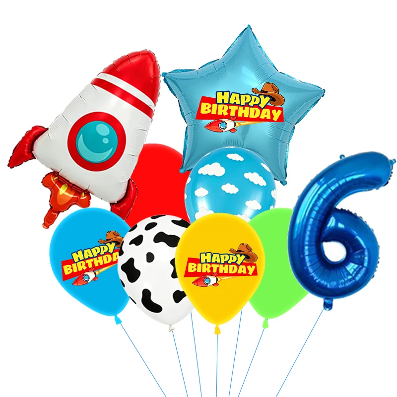 Rote, gelbe und grüne Spielzeugballons, hellblaue Ballons mit Wolken- und Kuhmuster für die Dekorationen zu Babystory- und Cowboy-Partys – Detail 7