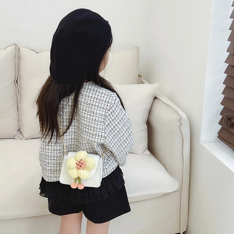 Spring Kids Crossbody Bags for Girls 2-4Y Solid Cute Flower Decor Shoulder Bag Children Casual Versatile Leather Bags