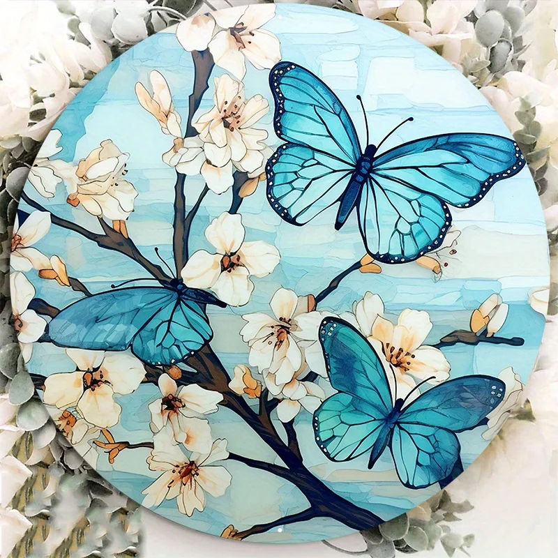 

Butterfly Wreath Aluminum Metal Sign, Colorful Glass Insect Decor, Vintage Stained Wall Hanging, for Indoor & Outdoor Decoration
