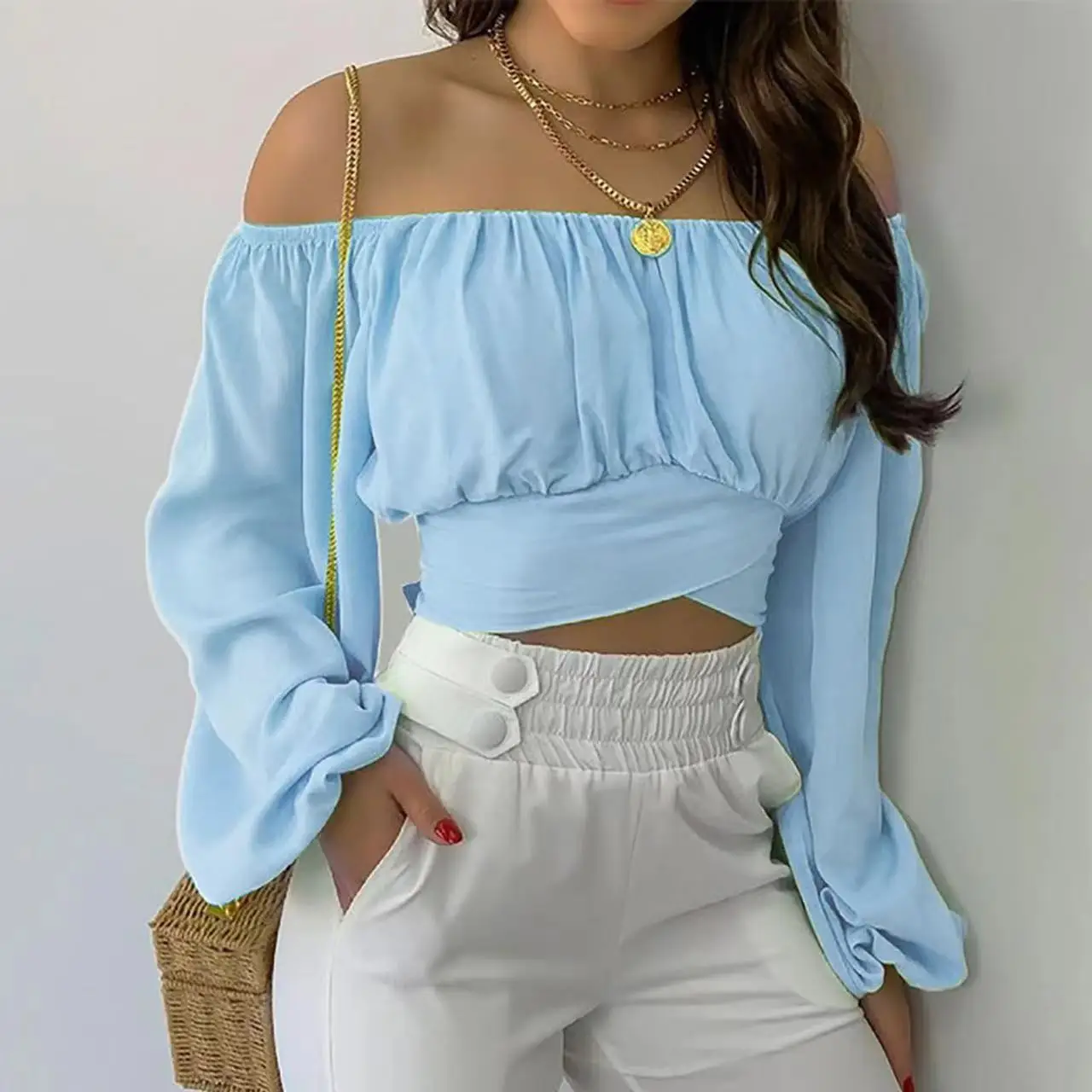 2024 Women Sexy Off Shoulder Printing Blouses Chic and Elegant Lantern Long Sleeve Lace Up Bow Cropped Tops Casual Slim Shirts