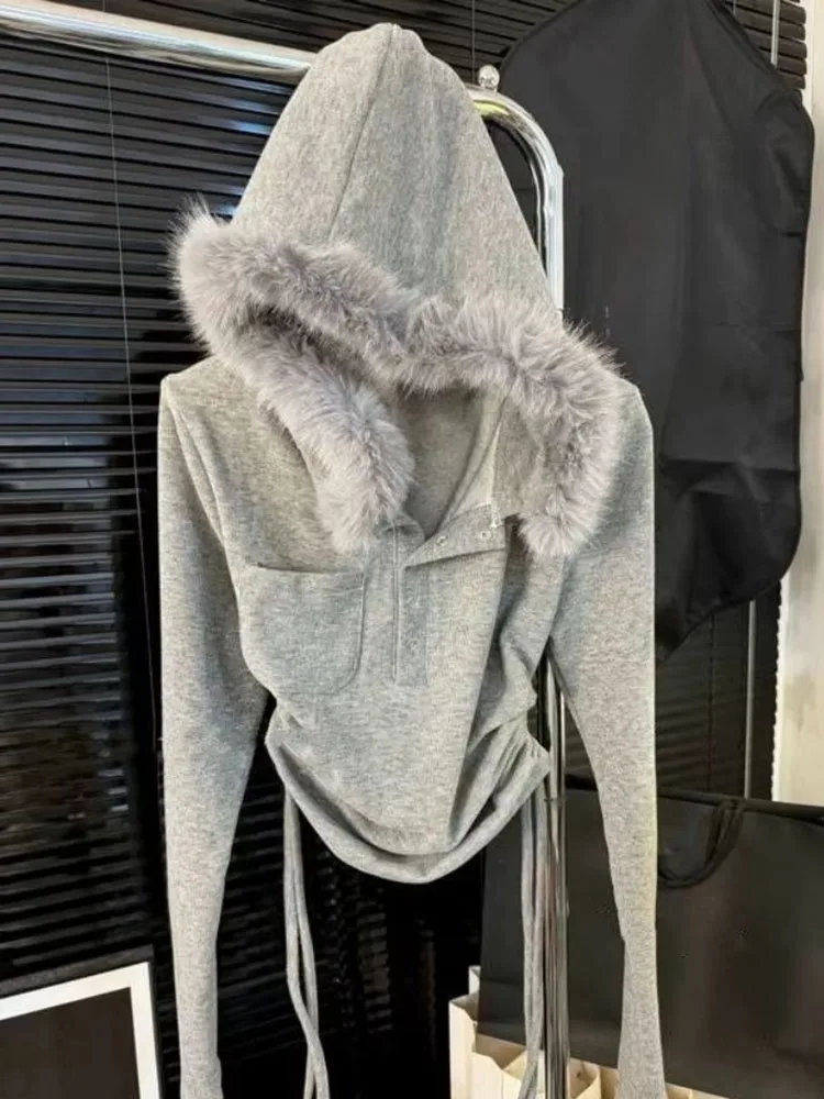 Y2k Harajuku Vintage T Shirts Hooded Fur Collar Long Sleeve Solid Draw String Crop Tops Female Slim Tees Design Women's Clothing