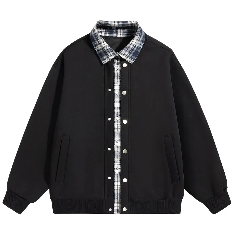 

American Style Oversized Plaid Splicing Open Cardigan Sweatshirt Men's Trendy Air Layer Jacket Outerwear Casual Autumn Cotton