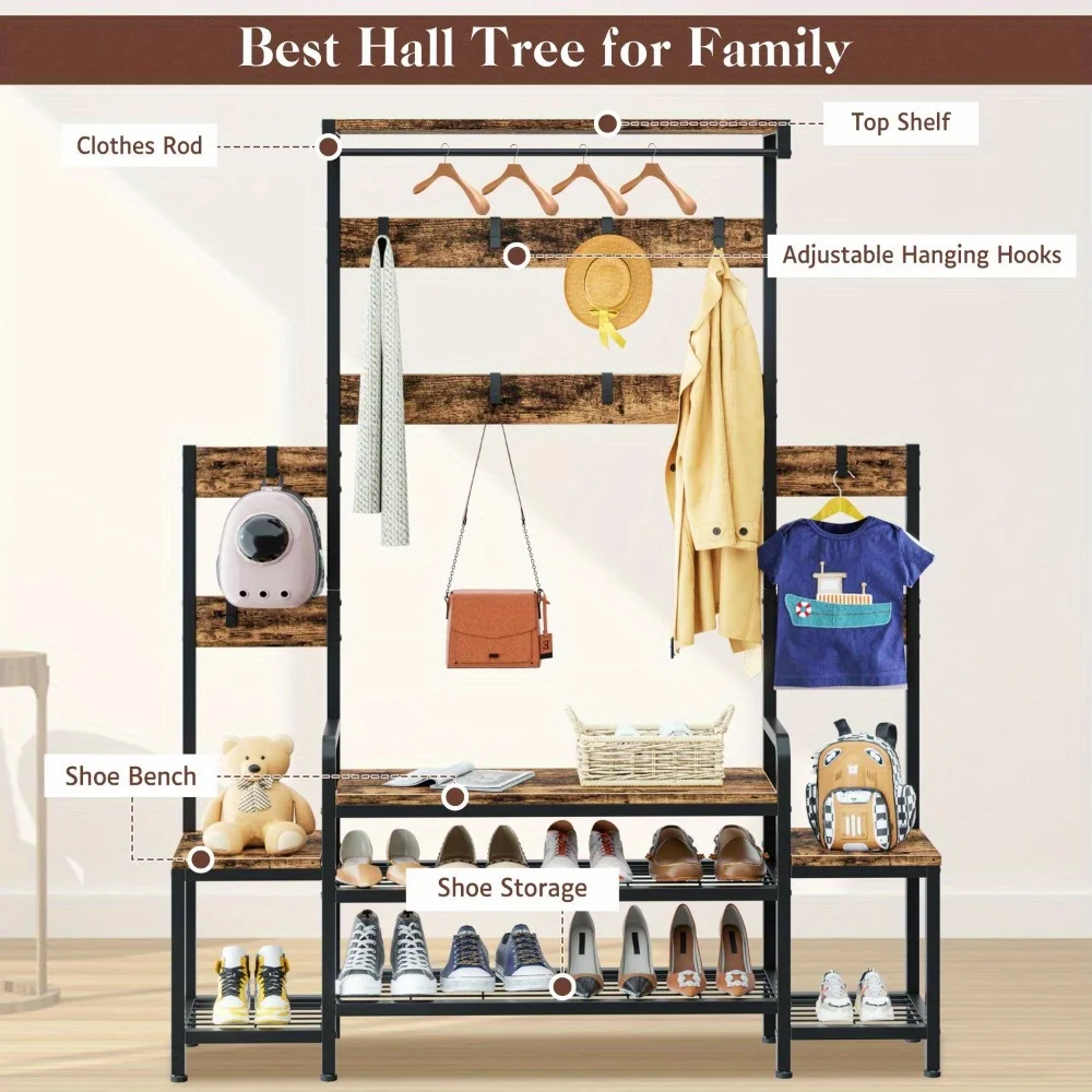 

56'' Hall Tree with Bench & Shoe Storage - Entryway Coat Rack, 4 Shelves, 9 Hooks, Wooden Home Decor in Brown and Grey