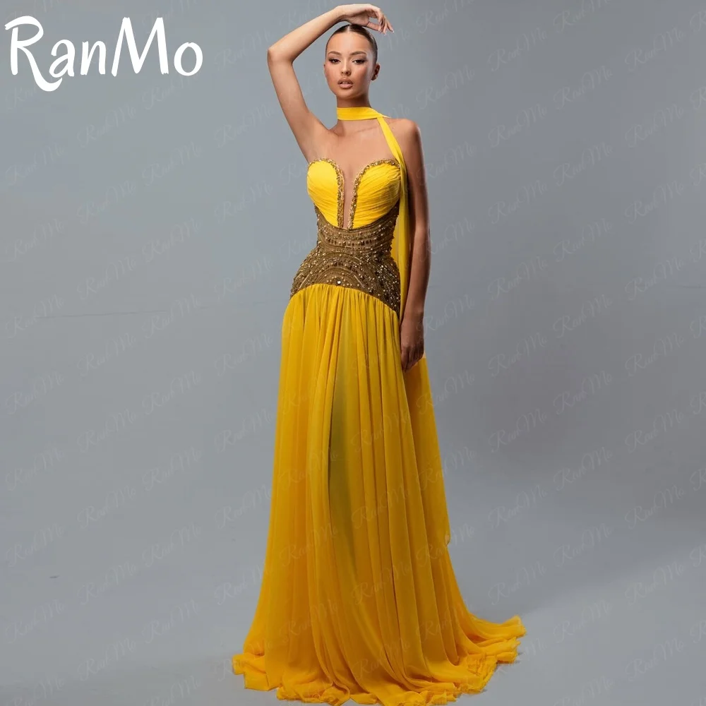 

Ranmo 2025 Customized Sexy Sweathaert Evening Dresses Chiffon Pleated Beaded Shawl Prom Dresses Floor Length Vestidos De Noches