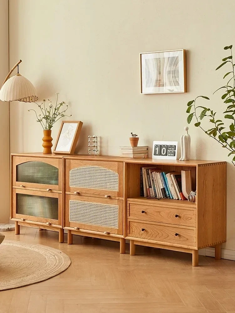 LFull solid wood short bookcase cherry wood Japanese glass door building block combination lattice cabinet